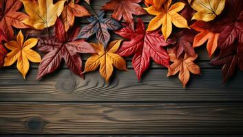 l'automne feuilles sur en bois arrière-plan, Haut vue avec copie espace. ai généré. photo