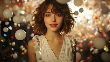 portrait de une magnifique Jeune femme avec frisé cheveux dans une blanc robe. ai généré. photo