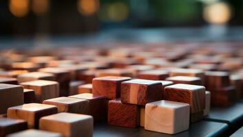 en bois blocs sur le table dans le parc. sélectif se concentrer. ai généré. photo