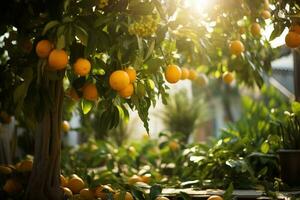 des oranges sur le arbre dans le jardin avec lumière du soleil. ai généré. photo