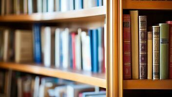 étagères dans le bibliothèque. ai généré. photo