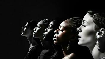 groupe de magnifique femmes dans noir et blanc sur noir arrière-plan, côté voir. ai généré. photo