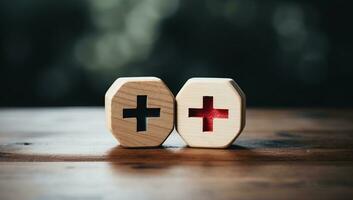 conceptuel image de rouge plus et blanc traverser sur en bois cubes. ai généré. photo