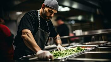 chef en train de préparer nourriture dans une commercial cuisine, restaurant ou Hôtel cuisine. ai généré. photo