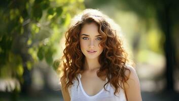 fermer portrait de magnifique Jeune femme avec frisé rouge cheveux, été parc en plein air. ai généré. photo