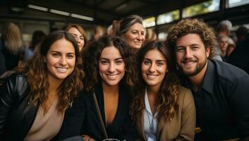 souriant affaires gens séance à café magasin et à la recherche à caméra. ai généré. photo