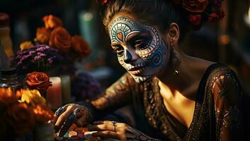 magnifique Jeune femme avec sucre crâne maquillage pour calavera de los muertos fête. ai généré. photo