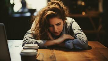 Jeune femme fatigué séance à le table avec portable et tasse de café. ai généré. photo