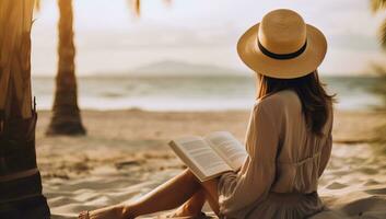 magnifique asiatique femme en train de lire livre sur le plage à le coucher du soleil temps. ai généré. photo