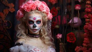 magnifique fille avec sucre crâne maquillage et fleurs dans sa cheveux. ai généré. photo