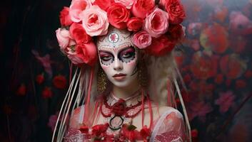 portrait de une magnifique fille avec sucre crâne maquillage et fleurs dans sa cheveux. ai généré. photo