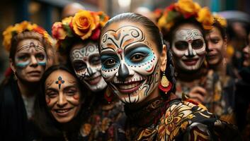 groupe de gens avec sucre crâne maquillage dans le des rues. ai généré. photo