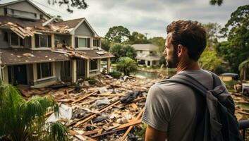 portrait de une Jeune homme permanent dans de face de une détruit maison. ai généré. photo