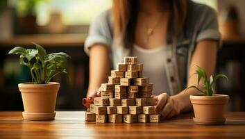 femme empilage en bois blocs avec vert plante sur table dans café, fermer. ai généré. photo