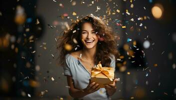 content Jeune femme avec cadeau boîte et confettis à Noël faire la fête. ai généré. photo