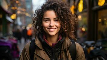 portrait de une magnifique Jeune femme avec frisé cheveux dans le ville. ai généré. photo