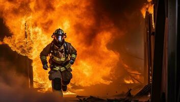 sapeur pompier dans action, combat une Feu dans une brûlant bâtiment. ai généré. photo