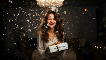 content Jeune femme avec cadeau boîte dans confettis à Noël faire la fête. ai généré. photo