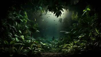 foncé jungle avec vert les plantes Contexte. ai généré. photo