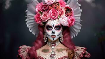 journée de le mort, mexicain sucre crâne maquillage femme avec rose des roses. ai généré. photo