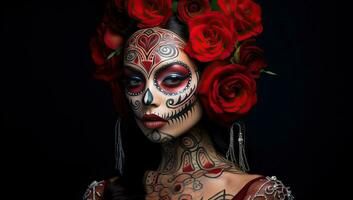 portrait de une magnifique fille avec sucre crâne maquillage et rouge des roses. dia de los morts. journée de le mort. ai généré. photo