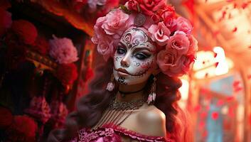 magnifique femme avec sucre crâne maquillage à le carnaval. ai généré. photo