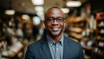 portrait de une souriant Afro-américain homme dans une magasin. ai généré. photo