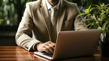 homme d'affaire travail avec portable dans bureau. ai généré. photo