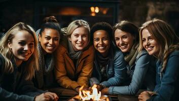 groupe de content Jeune femmes séance à le table dans une café. ai généré. photo