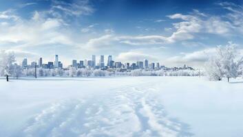 hiver ville panorama avec grattes ciels et des arbres couvert avec neige. ai généré. photo