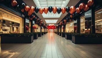 rouge cœur en forme de des ballons dans achats centre commercial. ai généré. photo