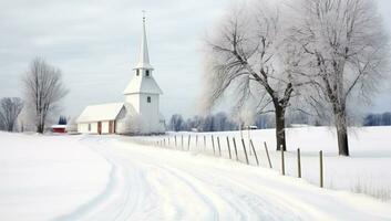 magnifique hiver paysage avec église et couvert de neige champ dans ensoleillé journée. ai généré. photo