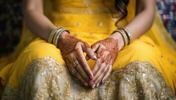 henné tatouage sur le mains de une la mariée dans une traditionnel robe. ai généré. photo