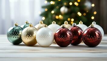 coloré Noël babioles sur en bois tableau. ai généré. photo