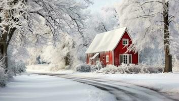 hiver paysage avec une rouge maison dans le milieu de une neigeux route. ai généré. photo