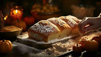 femelle mains en train de préparer pain pour Halloween sur table avec citrouilles. ai généré. photo