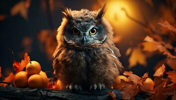 hibou séance sur une arbre branche avec l'automne feuilles et des oranges. ai généré. photo