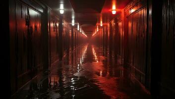 intérieur de une couloir dans une foncé pièce avec rouge lumières. ai généré. photo