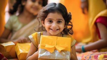 Indien enfant en portant Noël cadeaux et souriant à maison. ai généré. photo