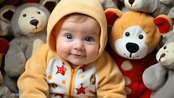 mignonne bébé garçon mensonge sur une lit avec jouets. ai généré. photo