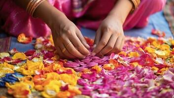 Indien fille fabrication souci fleur guirlande. ai généré. photo