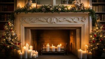 Noël scène avec cheminée, bougies et Noël arbre dans le chambre. ai généré. photo