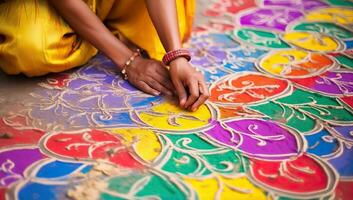 proche en haut de Indien femme mains sur le sol avec coloré peinture. ai généré. photo