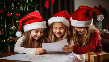 Trois content peu les filles dans Père Noël Chapeaux l'écriture lettre à Père Noël claus à maison. ai généré. photo
