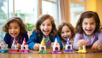 groupe de content les enfants en jouant avec pâte à modeler à maison. ai généré. photo