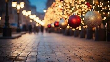 Noël et Nouveau année vacances décoré des rues de le vieux ville. ai généré. photo