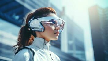 Jeune femme portant virtuel réalité des lunettes dans le ville. futuriste La technologie concept. ai généré. photo