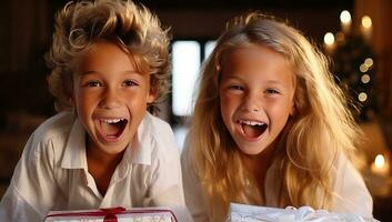 portrait de deux content les enfants ouverture Noël présent à maison. ai généré. photo