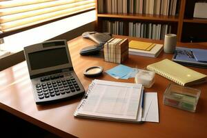 Bureau table avec documents, calculatrice, café tasse, livres et lunettes. ai généré. photo