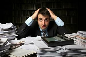 stressé homme d'affaire séance à le sien bureau avec piles de papiers dans le Contexte. ai généré. photo